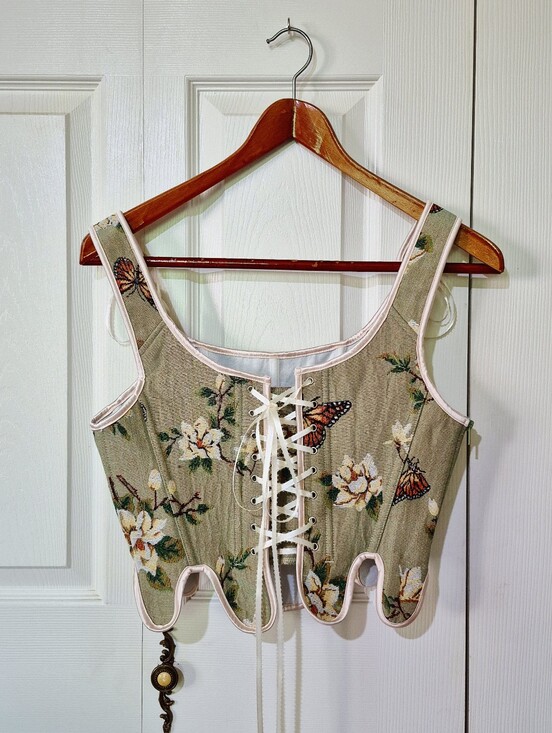 Tops - Green Monarch Butterfly Corset With Cream Ribbon